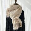 Women'S Vintage Plaid Scarf - Warm Faux Sheepskin Shawl with Fringe Detail, Beige & Brown Striped Pattern, Perfect for Fall/Winter