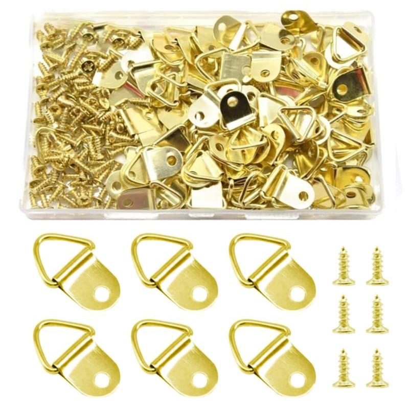 Pack of 100 Single Hole Hangers Metal Triangles D Rings with Screw Painting Hangings Hook Reliable Picture Hangers Set
