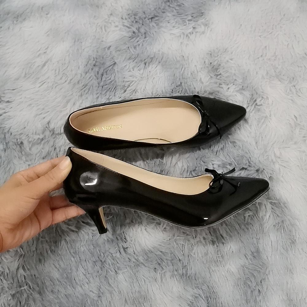 Sexy 5cm Low Kitten High Heels Shoes PU Patent Leather Pointed Toe Black Work Pumps With Bowknot Red Wedding Shoes