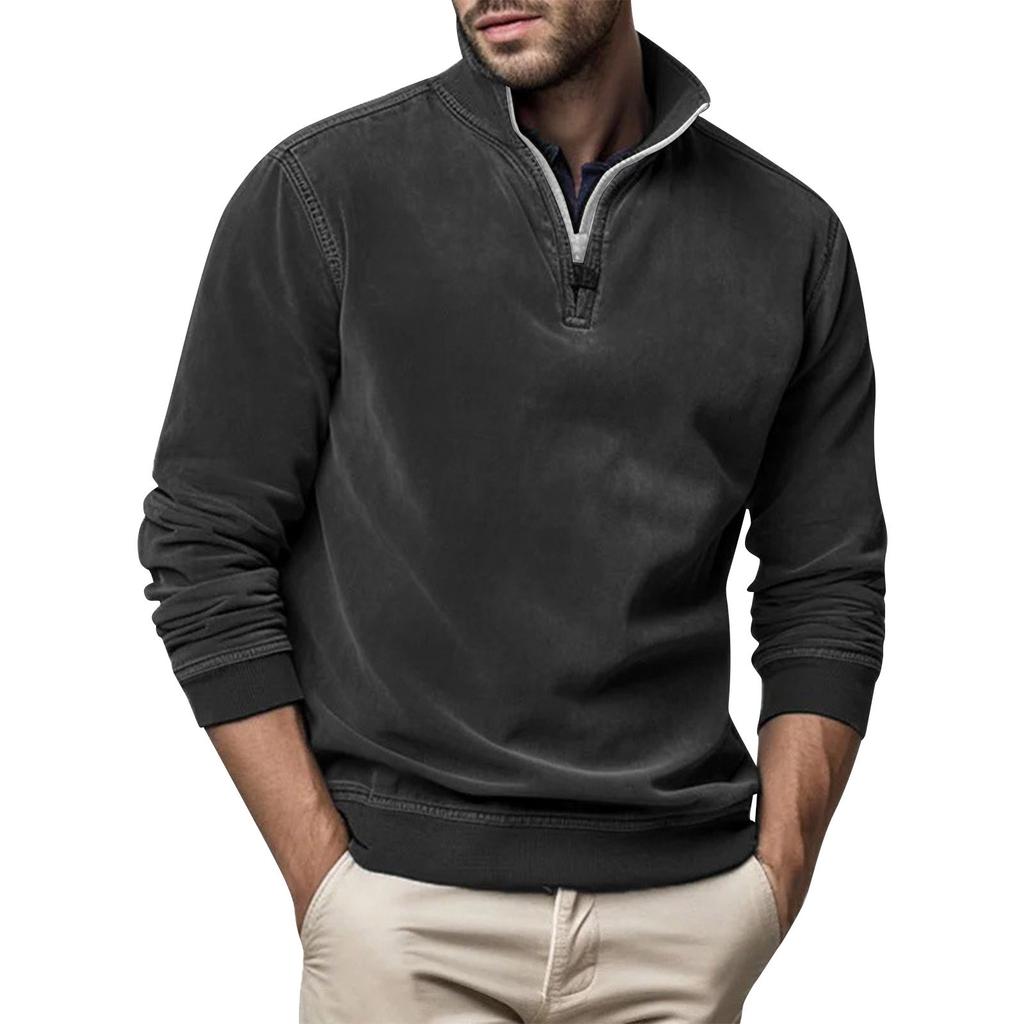 Мужской модный топ, повседневный приталенный пуловер с длинным рукавом на молнии, маленький высокий воротник