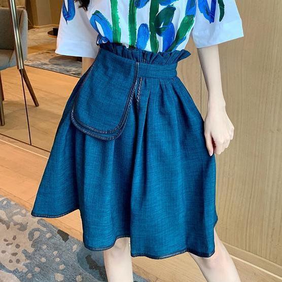 Vintage Oil Painting Blue Short Sleeve T-shirt and Irregular A-line Puff Skirt Set for Women