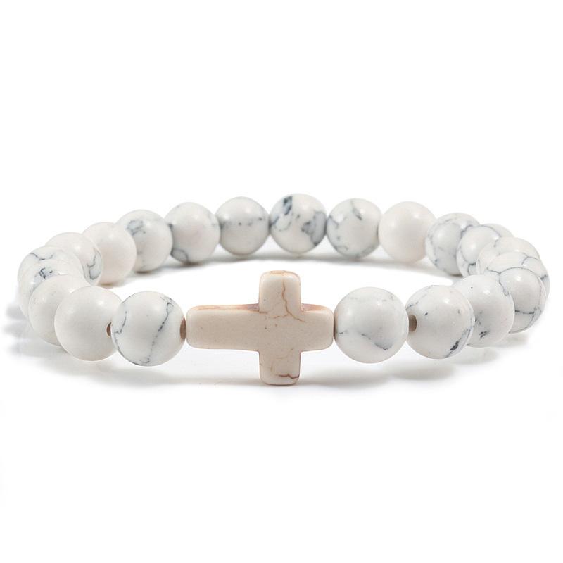 1PC Men Women Gift Cross Charm Beaded Bracelets Matte Bracelet Jewelry Handmade Natural Stone Prayer  Accessories
