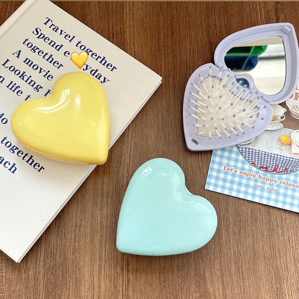 Anti-static Folding Airbag Comb Mini Massage Comb Cute Heart Hair Comb with Mirror  Women Girl