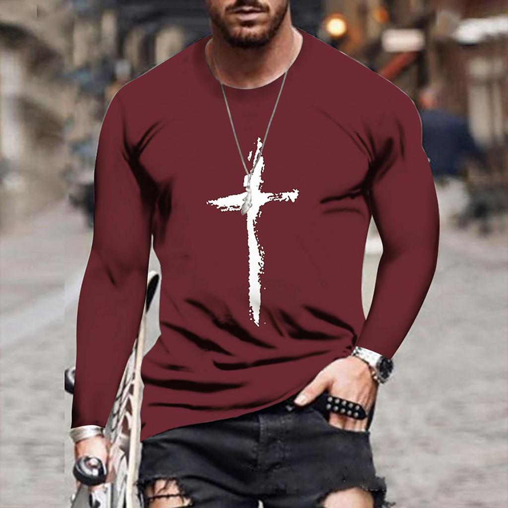 Мужская футболка Повседневная Мода Осень Зима 3D-принт Мода Крест-принт Круглый вырез Длинный рукав Мужская
