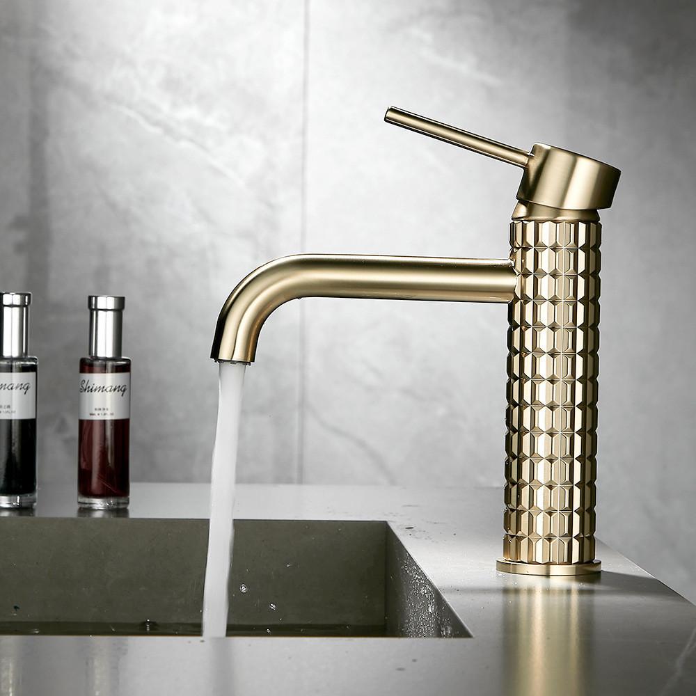 Tuqiu Brush Gold Bathroom Basin Faucets Art Carved Sink Mixer Tap Hot & Cold Deck Mounted Grey Lavatory Crane Water Tap