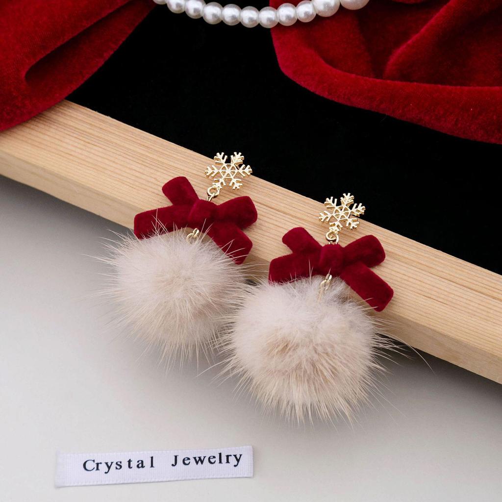 925 Silver Snowflake Tassel Earrings with Wine Red Bow