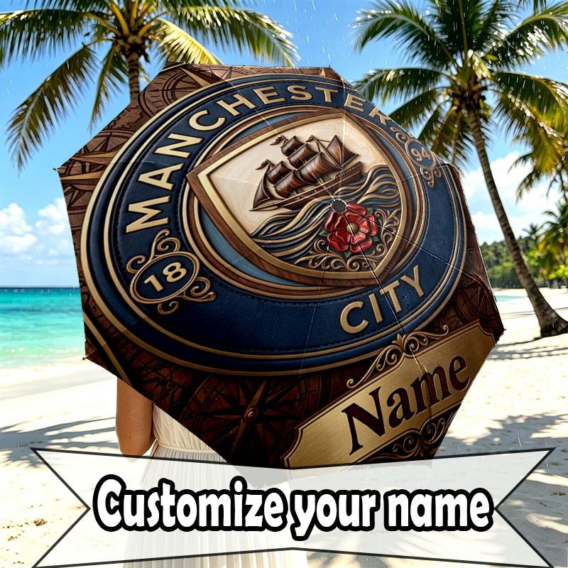 Custom Name Personalized Manchester City Print Umbrella, Auto Open Close, 8‑Rib Sturdy Frame, Commute Camping Hiking Use, Birthday Gift