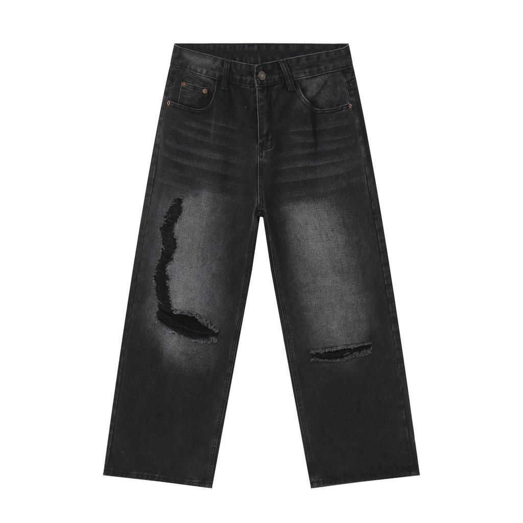 Long Trousers Broken Jeans Men's High Street Hip-hop Washed Loose Straight Pants Straight Loose Jeans for Men Fashionable and Comfortable Pants