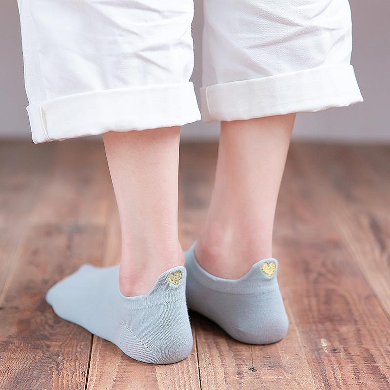 Cute Embroidery Love Heart Socks Fashion Funny Sokken Heel With Glitter Gold Silk Red Heart Ankle Socks Dropship