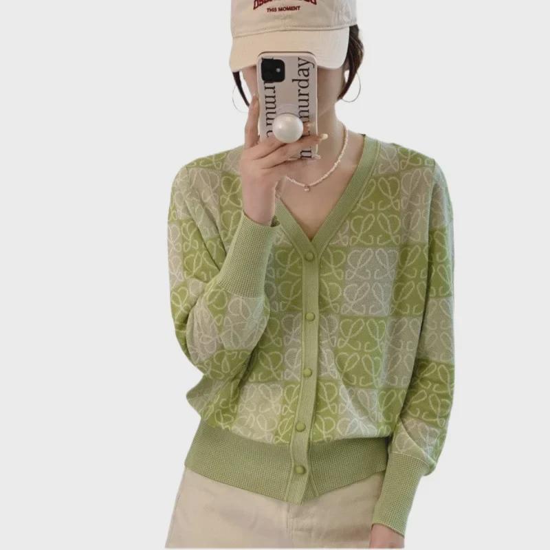 2023 Spring European Contrast Jacquard Collar Knit Women's Long Sleeve Cardigan Sweater