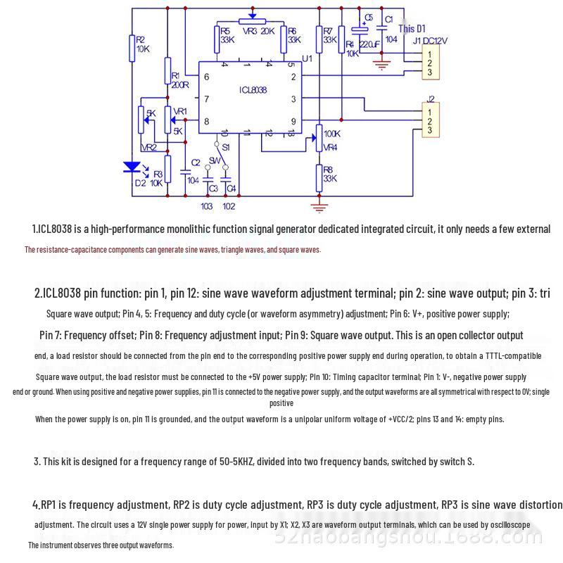 Набор генератора сигналов ICL8038: Синусоидальные, Прямоугольные, Треугольные волны