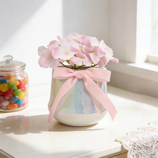 Искусственный цветок в керамической вазе с шелковым бантом Мягкая реалистичная композиция из искусственных цветов Декор для дома, рабочего стола, столешницы