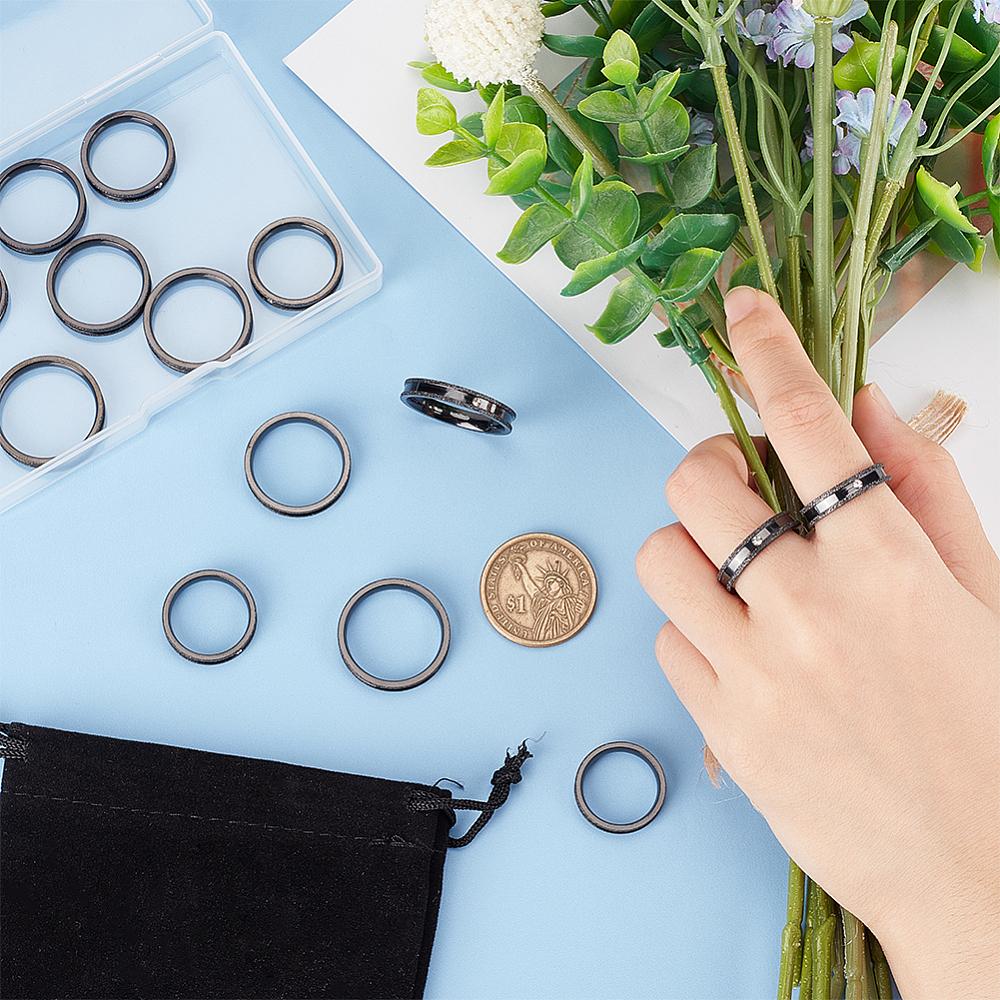 14Pcs 7 Size Crystal Rhinestone Grooved Finger Ring Textured 201 Stainless Steel Jewelry for Men Women Electrophoresis Black