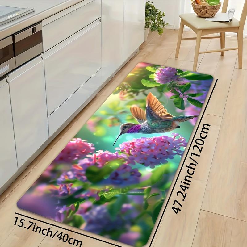 Hummingbird Flowers Print Kitchen Rug, Decorative Floor Mat for Dining Room Bathroom Bedroom Home Entrance Decor