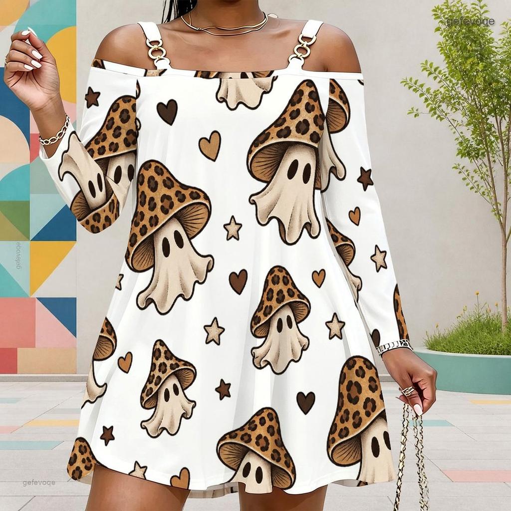 Women Plus Size Cold Shoulder Long Sleeve White Mushroom Ghost Printed Dress