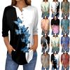 3/4 Length Sleeve Womens Tops Summer T-Shirts Floral Print V Neck Casual Basic Tee Button Shirts Tunic Tops