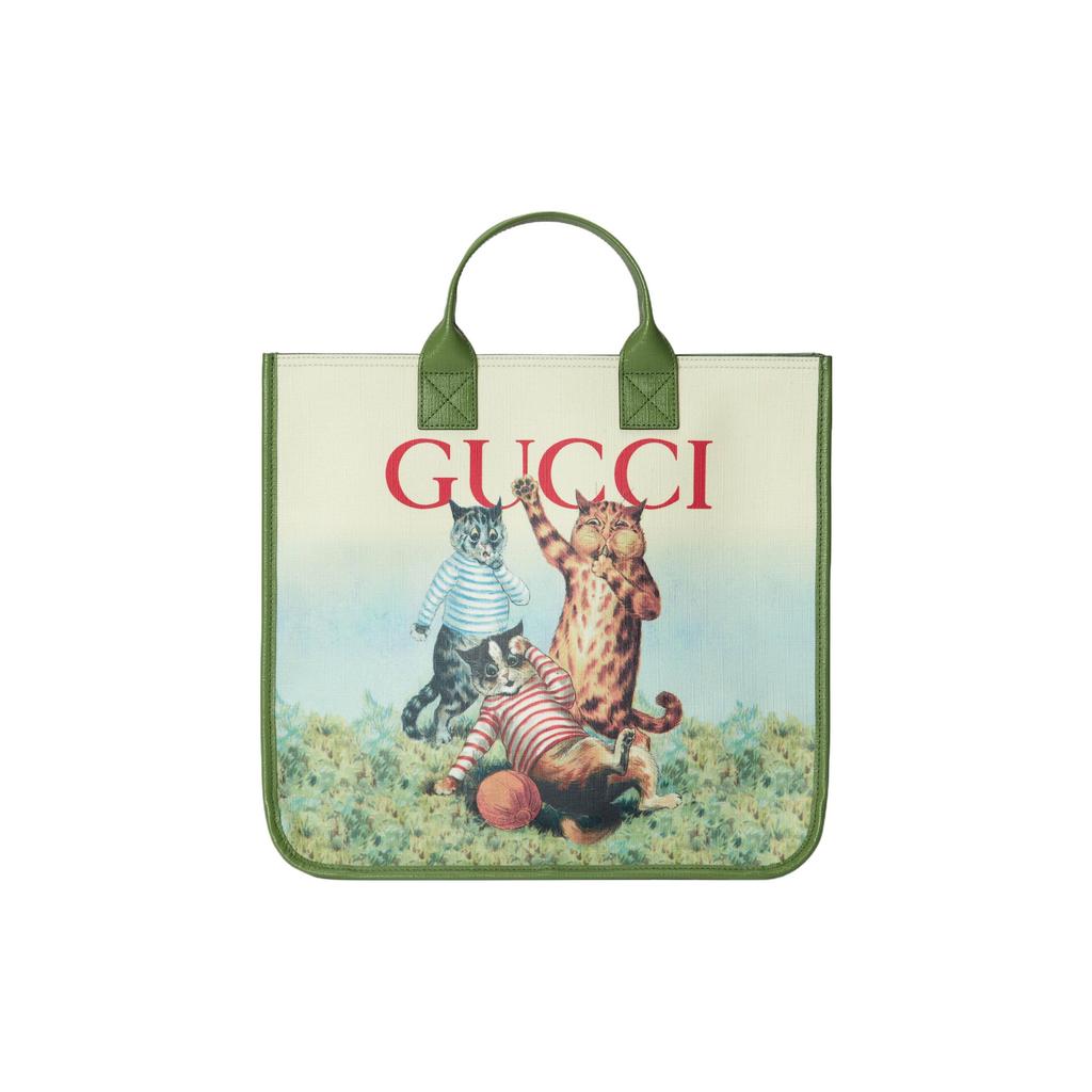 Gucci Канвасная сумка-тоут с принтом кошек и отделкой из зеленой кожи, для унисекс, для повседневного использования