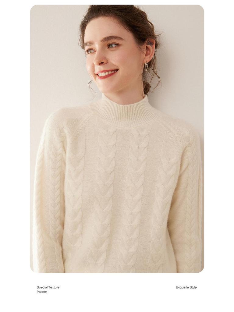 Женский кашемировый свитер однотонного цвета с узором «косы», полувысоким воротником, свободного кроя