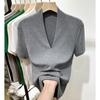 Модная футболка с V-образным вырезом, с короткими рукавами, женская летняя новинка, облегающий топ с рукавами до локтя