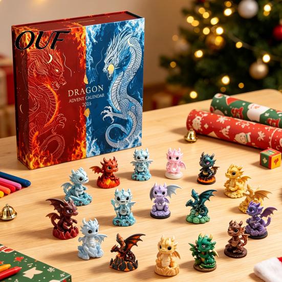 Educational Countdown Calendar Christmas Dragon Advent Calendar, 24 Days 2D Flat Acrylic Ornaments for Kids Fantasy Hanging Pendants Wall Window Tree