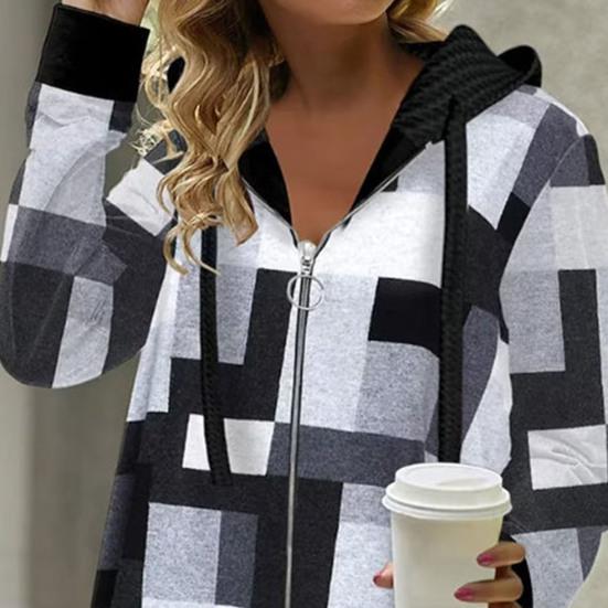 Осенние женские толстовки с капюшоном, модная куртка-кардиган с клетчатым узором на молнии и планкой, обычная посадка с длинными рукавами, повседневное пальто с капюшоном, весенне-осенняя женская одежда