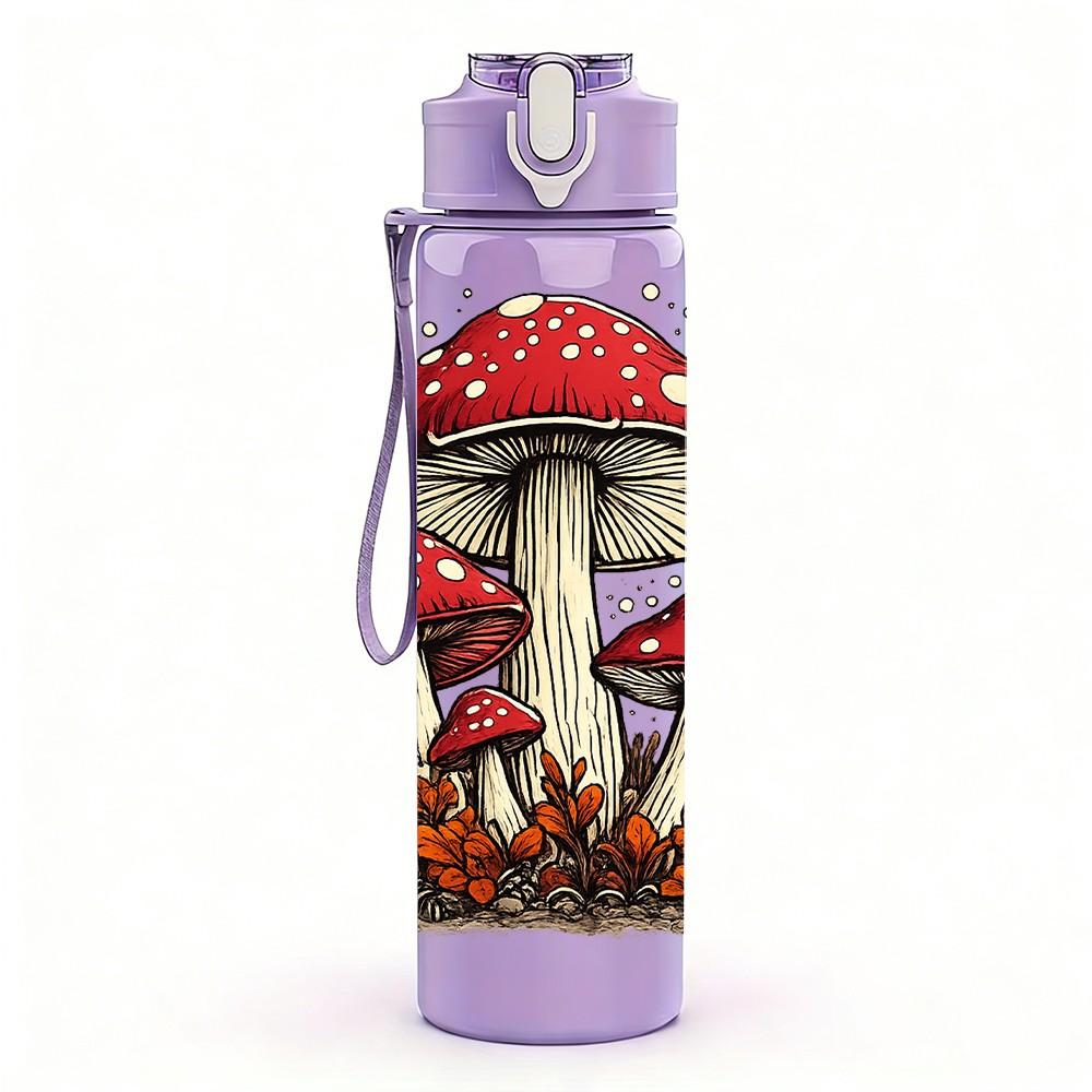 1PC Forest Red Mushroom Plant Art Print 750ml Color Plastic Sports Water Bottle Leakproof Flip Straw Lid Suitable for Sports Office Home Use