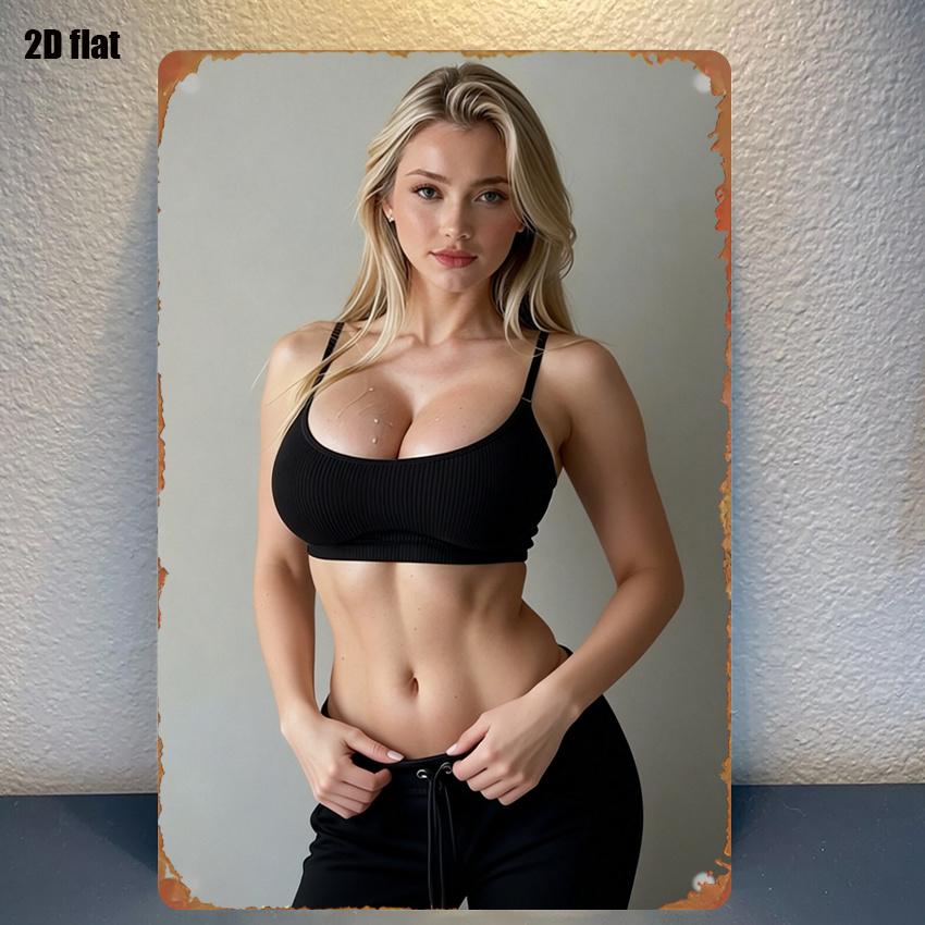 Blonde Fitness Woman in Black Outfit Vintage Tin Sign Durable Metal Plaque Wall Decor for Home Office Bar Man Cave