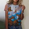 Summer Round Neck 3D Butterfly Flowers Printed Top Fashionable Casual Short Sleeved Women's T-shirts