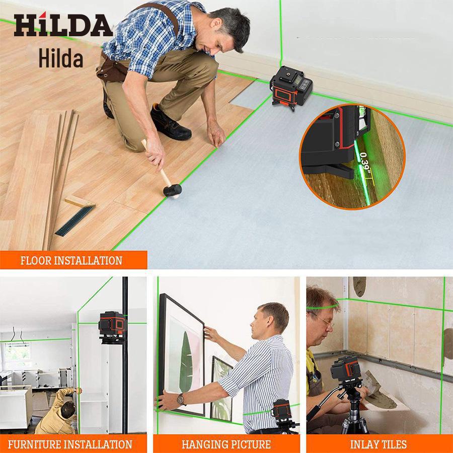 Hilda 3D/4D Высокоточный Зеленый Лазерный Уровень для Плитки на Пол и Стены