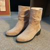 2025 Women's Retro Mid-Calf Slouch Boots - New Square Heel Martin Style In Khaki, Brown, Black for Autumn/Winter