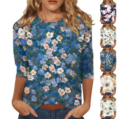Женская мода повседневная три четверти рукав цветочный принт круглый вырез пуловер топ