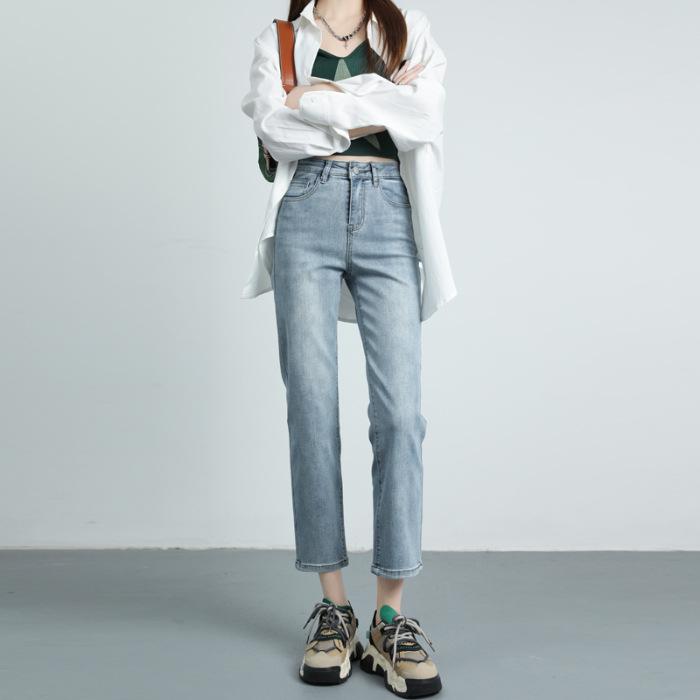 Прямые джинсы для женщин с высокой талией, облегающие, французский стрейч, брюки длиной девять точек для женщин на осень и зиму, свободные, светло-голубые, ретро-голубые