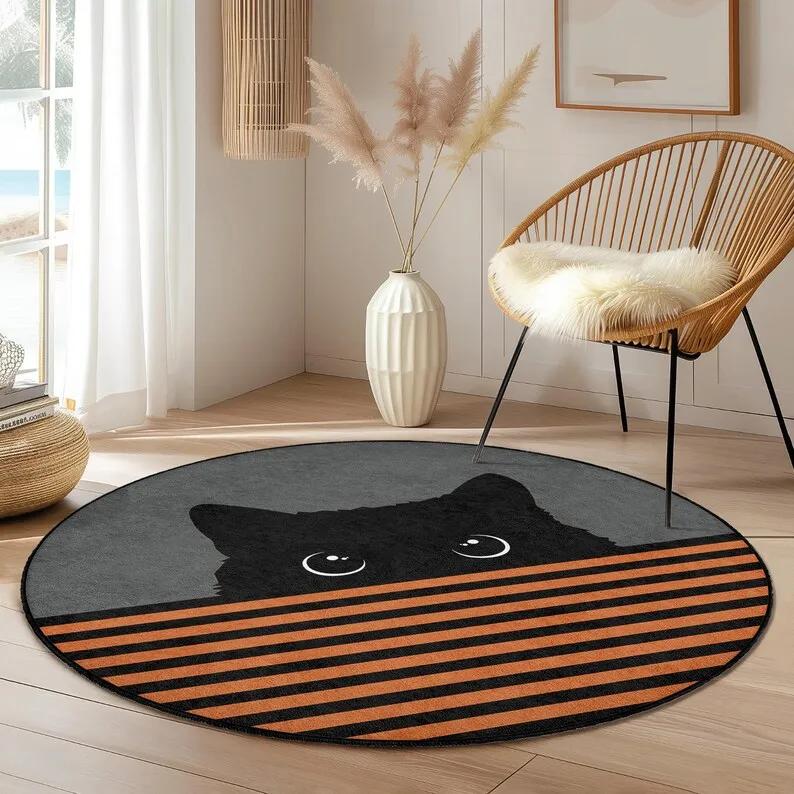 Modern Yellow Black Cat Peeking Round Rug Non-Skid Stain Resistant Durable Washable Floor Mat for Living Room