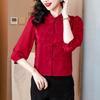 Новая красная женская блузка в китайском стиле - облегающий крой, рукава три четверти, летняя мода