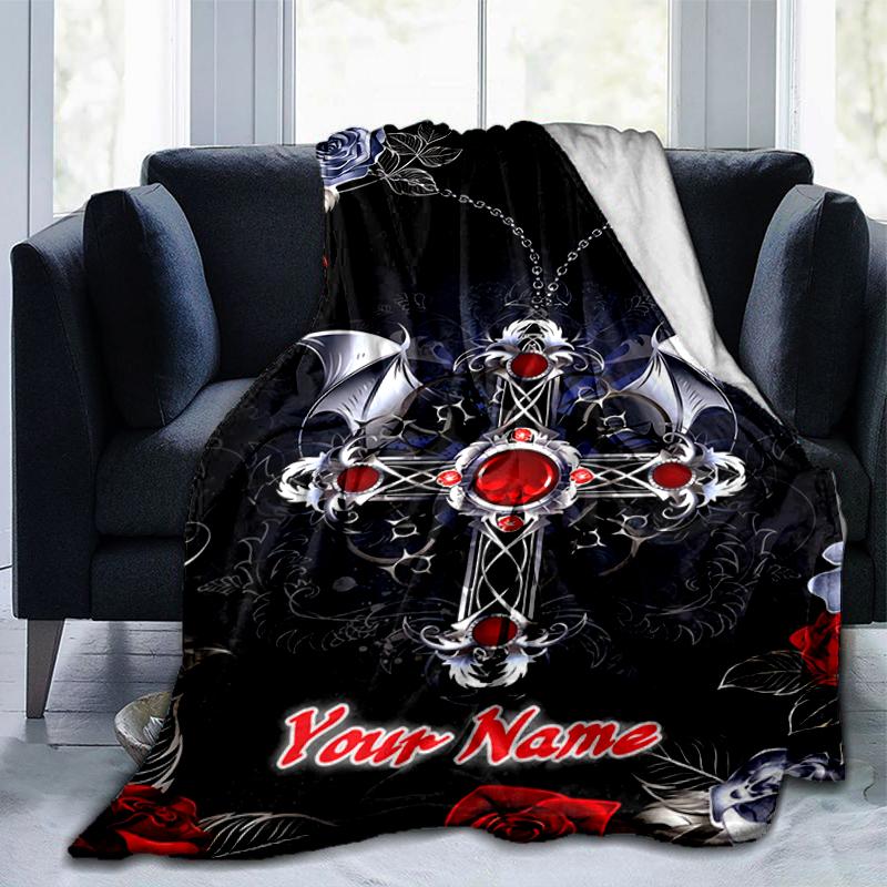 1PC Custom Name Gothic Cross Wings blanket versatile,all-season throw suitable for the living room,bedroom,camping,travel,and gift