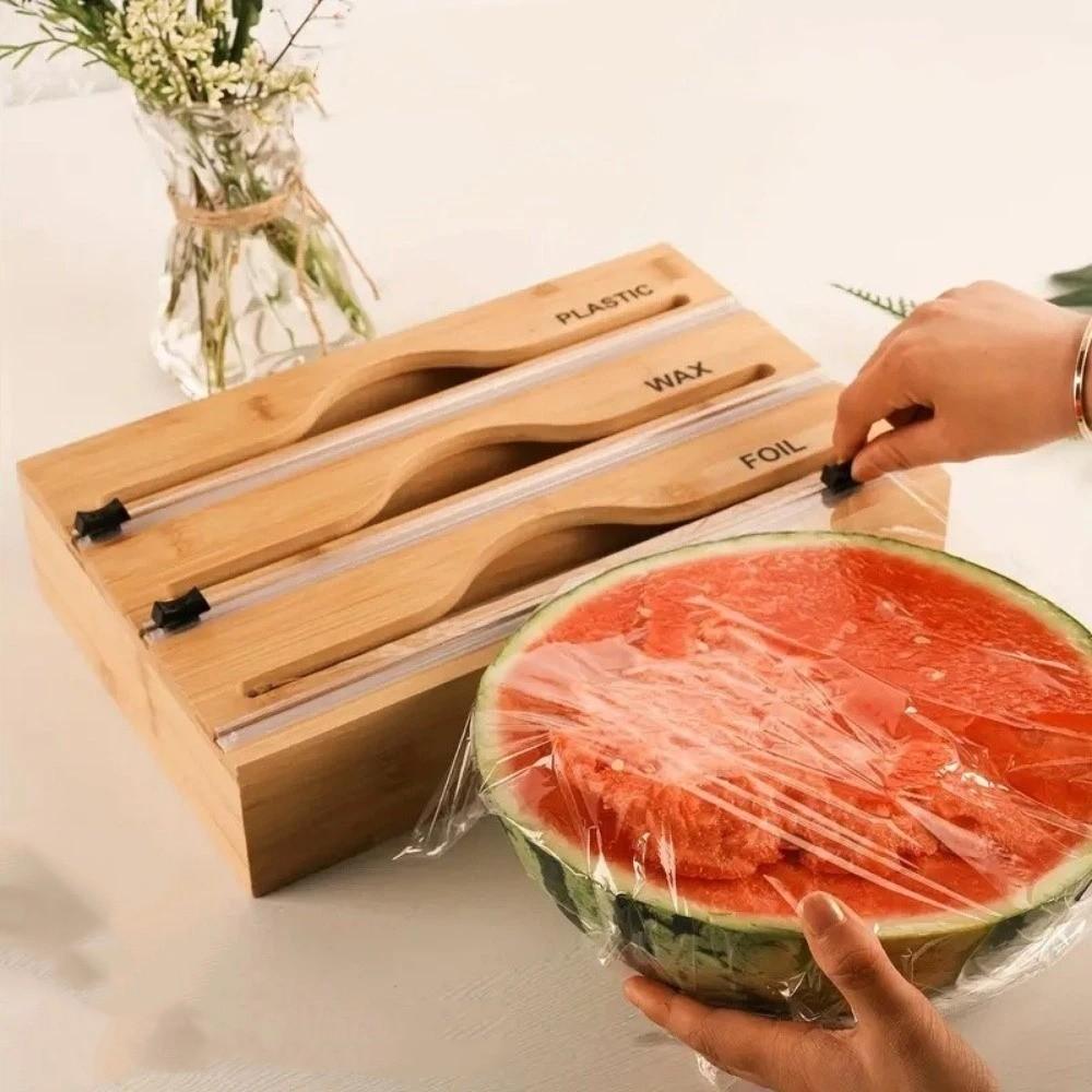 Wall Mounted Plastic Wrap Cutter Box Bamboo Fresh Bag Cutting Holder Tin Foil Cutter Restaurants