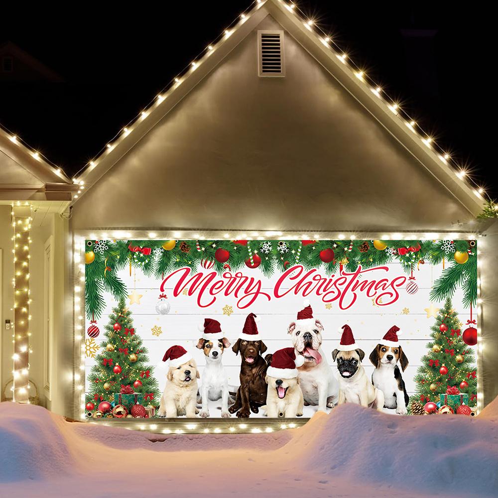 1 piece, Christmas large garage door banner, Christmas dog Christmas tree pattern