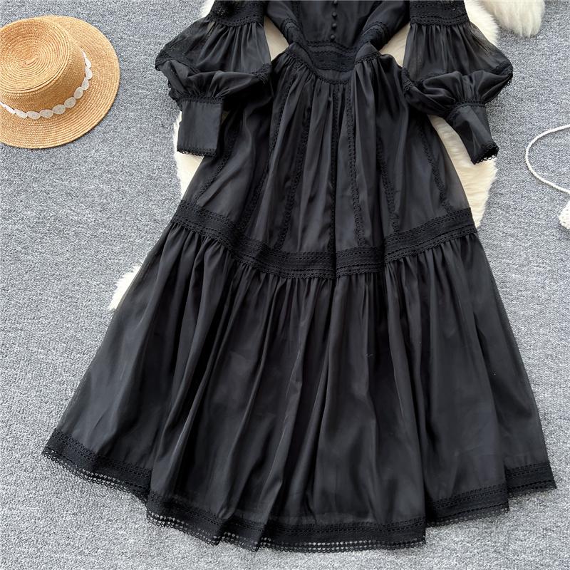 New Heavy Craft Lace Embroidery Hollow Out Party Evening Long Dress Women's Stand High Waist Lantern Sleeve Dresses Holiday