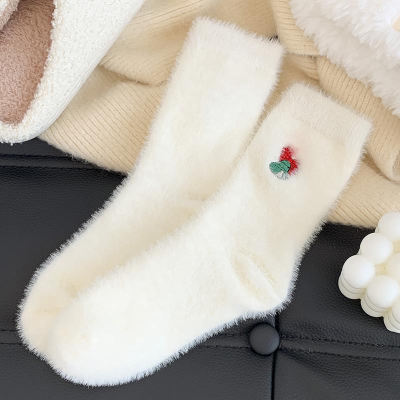 10-1 Pairs Autumn and Winter Socks, Children's White Mink Fur Christmas Socks, Snowman Santa Claus Christmas Tree Elements, Thickened Warm Socks