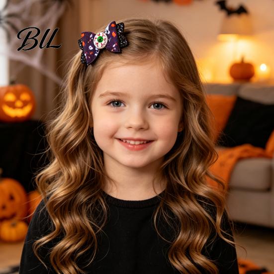 Glitter Bow Hair Accessories Halloween Clips for Kids Baby Girls, Double Layer Artificial Leather Ghost/Pumpkin/Eyeball Bowtie Pins Decorations