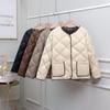 Autumn and Winter Light and Short Down Jacket Women's White Duck Down Rhombus Literary Round Neck Single-breasted Pocket Woven Jacket