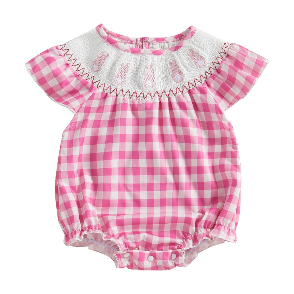 Детский повседневный комбинезон в клетку с вышитым кроликом, летний комбинезон с рукавами-крылышками для новорожденных малышей, милая одежда