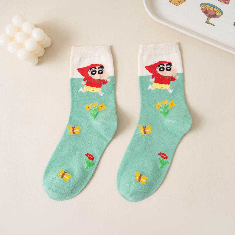Women's Cute Anime Cartoon Combed Cotton Socks - Korean Style, Colorful Mid-Length