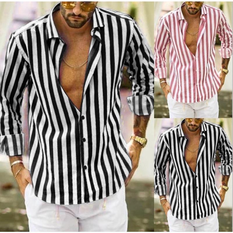 Men's Striped Long Sleeve Shirt, Slim Fit Collared Polyester Blend Shirt, Breathable Casual Top