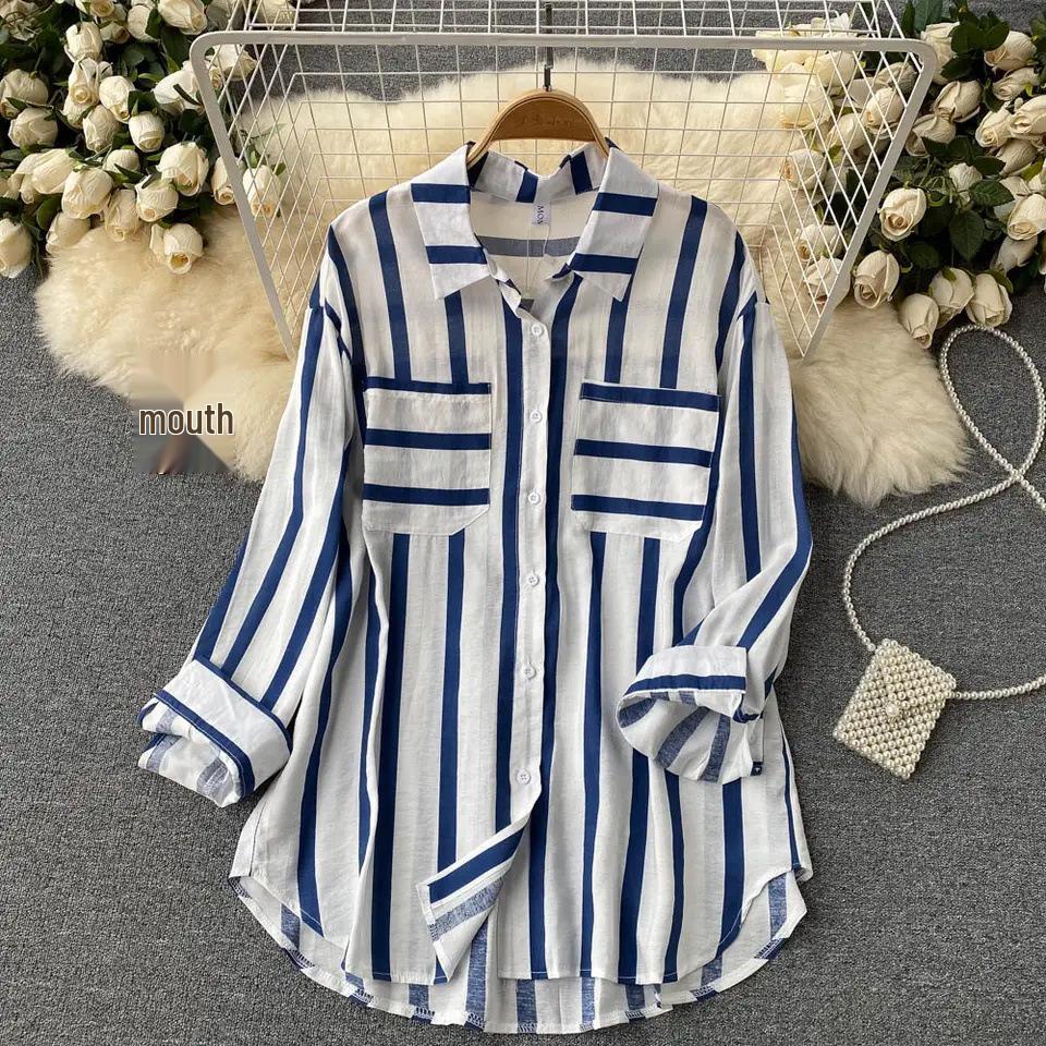 2024 Korean Style Mid-Length Striped Multi-Color Women's Casual Loose Shirt Jacket