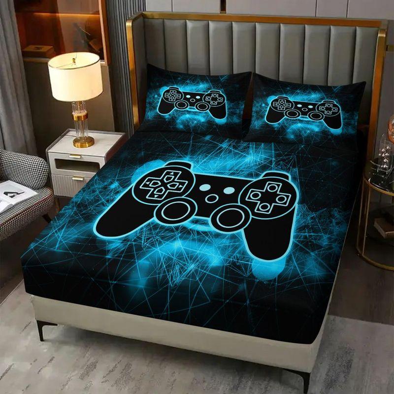 Neon Cyber Gaming Controller Print Fitted Sheet Set Bed Sheets Set Bedding Set Soft Breathable Bedding for Gamer Bedroom Teens