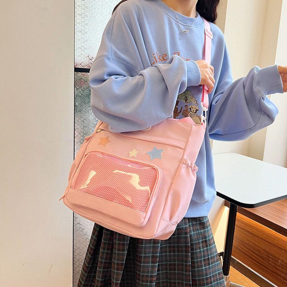 Solid Color Japanese Tote Bag Badge Display Student School Bag Fashion Canvas Crossbody Bag School