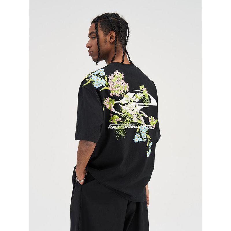 HACR's Harshandcruel New Chinese Street Florals Embroider Smoky Gray Short Sleeve T-shirt Couple