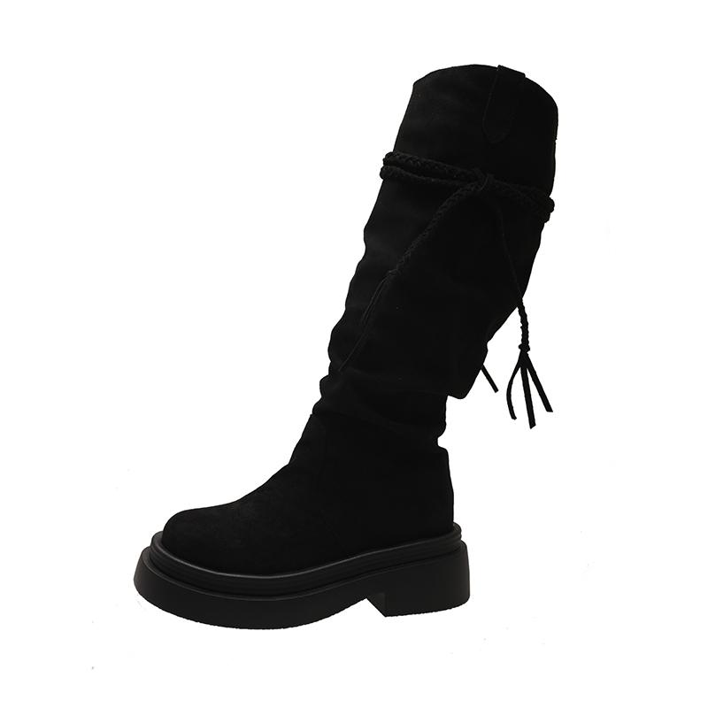 Обувь для женщин 2024 года, женские сапоги до колена, современные сапоги на платформе, женские туфли с круглым носком, с бахромой и косами, на квадратном каблуке, женские
