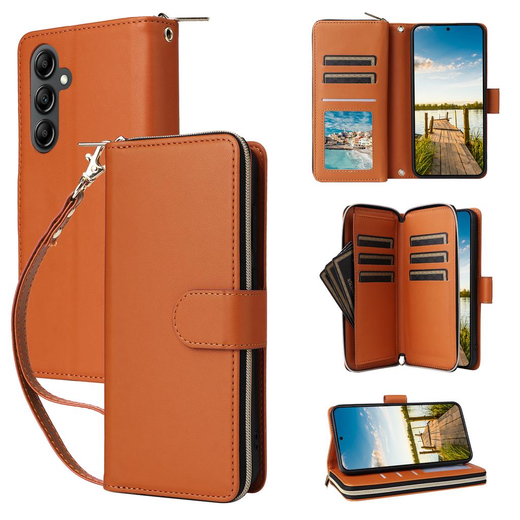 For Samsung Galaxy A17 5G Case 9 Card Slots Zipper Pocket PU Leather Phone Cover with Wrist Strap